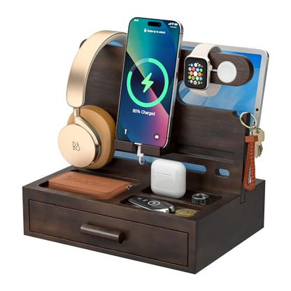 Sephyroth Rustic Wooden Phone Stand Organizer with Drawer Storage, Brown - color: Brown