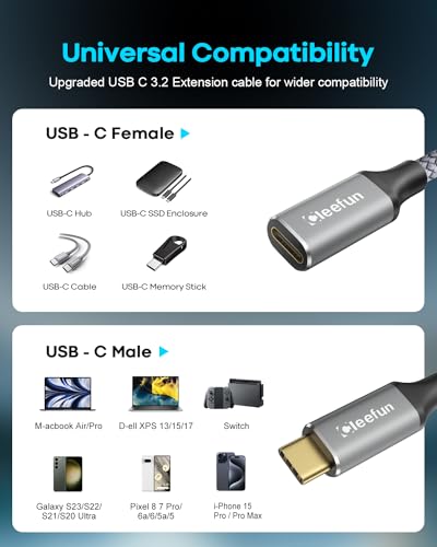 CLEEFUN USB-C Extension Cable - 1ft, 1-Pack, USB-C Male to Female, 10Gbps Data & 4K Video Sync, 100W Fast Charging for Laptop, Tablet, Phone - color: Grey, size: 1ft