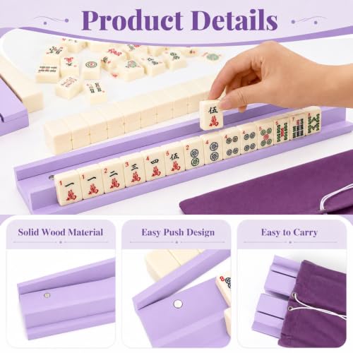 5Pcs Mahjong Racks with Pushers Wooden American Mahjong Tile Pushers and Racks Set with Mah Jong Rack Drawstring Bag Mah Jong Accessories for Players Gifts Home Game Night Party Supplies (Lilac) - color: Lilac