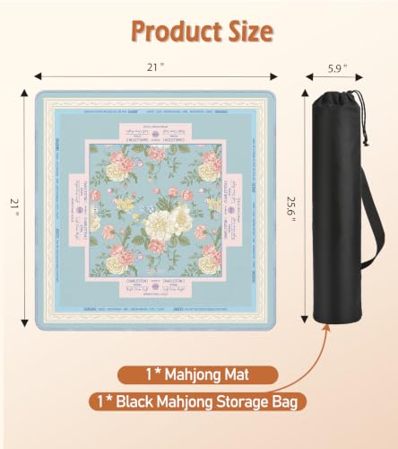 Travel Mahjong Mat Table with Rules Mah Jong Mat Neoprene Chinoiserie Floral Majong Learning Mat Instructions Mahjong Gifts Women Unique Non-Slip Rubber Pad, 21" x 21", Blue Pink - color: Blue Flower, size: 21" x 21"