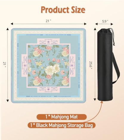 Travel Mahjong Mat Table with Rules Mah Jong Mat Neoprene Chinoiserie Floral Majong Learning Mat Instructions Mahjong Gifts Women Unique Non-Slip Rubber Pad, 21" x 21", Blue Pink - color: Blue Flower, size: 21" x 21"
