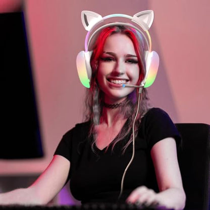 Cat Ear Gaming Headset with Microphone, RGB Rainbow Lighting, Surround Sound, 3.5mm Wired Over-Ear Headphones for PC/PS4/PS5/Switch/Laptop, Lightweight and Adjustable Headband - color: White Cat Ears