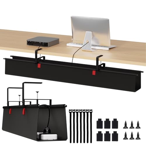 Under Desk Cable Management Tray, 48" Fabric Wire Cord Organizer, Black | No Drill Under Table Wire Organizer with 16X Cable Ties for Office/Home, Cord Hider Fit Adapters & Sockets, Clamp/Screw Mount - color: Black, size: 48'' L