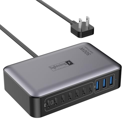 USB C Charger Block 500W, 10-Port Charging Station, GaN PD 140W Type C Fast Charger Hub for MacBook Pro/Air, DELL, iPad, iPhone, Samsung Galaxy, Low Profile Flat Plug - color: Flat Charger 500W Black