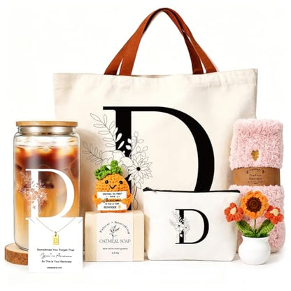 DHQH Birthday Gifts for Women, Monogrammed Gifts Box Included 16 oz Initial Glass Drinking Cup,Canvas Tote Bag, Personalized Iced Coffee Tumbler Gift for Women Her Mom Teacher Friends Sister, D - color: letter-cup-d
