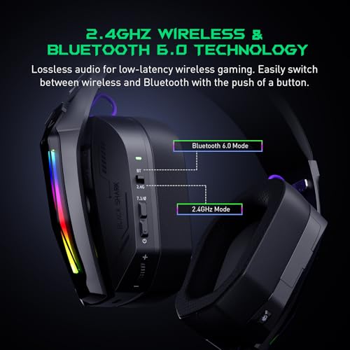 Black Shark Wireless Gaming Headset, Bluetooth 6.0 Gaming Headphones with USB and Type-c Connector, 7.1 Surround Sound for PC, PS5, PS4, Noise Canceling Microphone & 40H Battery, Goblin X8 (Black)