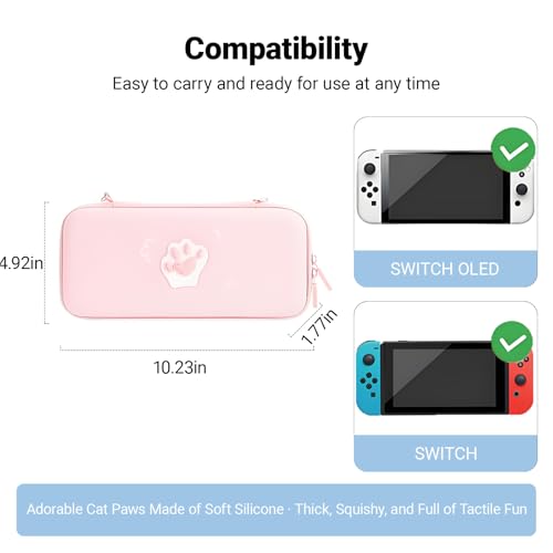 QUBAMG Cat Paws Carry Case Compatible with Nintendo Switch and Switch OLED Console -Protective Hard Portable Travel Carry Case Shell Pouch with Pockets for Accessories and Games Pink - color: Pink Cat Paws