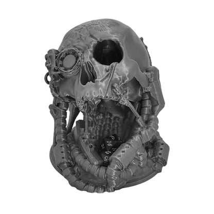 Mechanical Skull Dice Tower Dungeons and Dragons RPG abletop Roleplaying Game Jail D&D (Random 7PCS D20 Dice Set Included) Silver - color: Silver