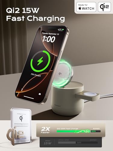 THREEKEY 4 in 1 Qi2 Magnetic Wireless Charging Station, 15W Fast Charger with Made for Apple Watch Charging Module, for iPhone 17–12 Series & AirPods, 65W Adapter Included - color: Sand