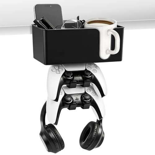 5 in 1 Controller Holder - Desk Cup Holder and Headphone Hanger, Rotatable Under Desk Clamp Organizer Dual Gamepad Headset Stand Gaming Desks Accessories for Xbox, PS4, PS5, PC, Switch