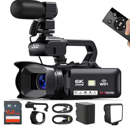 Acuvar 4K/6K Camcorder Video Camera – 64MP 60FPS Vlogging Camera for YouTube, WiFi, LED Light, Mic, 64GB SD Card – Live Stream Webcam - style: Essential Kit