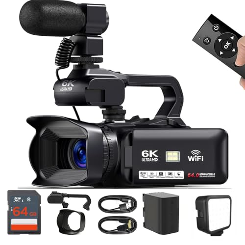 Acuvar 4K/6K Camcorder Video Camera – 64MP 60FPS Vlogging Camera for YouTube, WiFi, LED Light, Mic, 64GB SD Card – Live Stream Webcam - style: Essential Kit