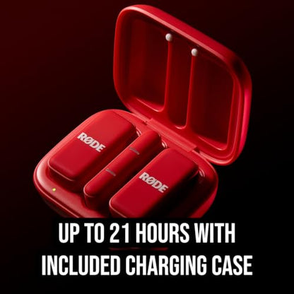 RØDE Wireless Micro - Compact Wireless Microphone, Two Mics with Charge Case for Smartphone Content Creation - USB-C, Red | Includes 2 Clip-on Transmitters Plus USB-C Receiver, Charging Case for Up to 21 Hrs Total, Omnidirectional Mics, 100m Range - color