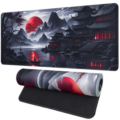 FreeNook Black Mouse Pad Gaming Keyboard Pad 35.4 x 15.7 in Computer Mouse Pad Anime Gaming Mousepad, Expanded Architecture Cool Desk Pad, Japanese Red Moon Large MousePads Suitable for Home Office - color: RedMoon, size: 35.4L x 15.7W inches