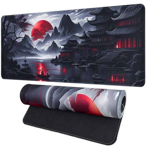 FreeNook Black Mouse Pad Gaming Keyboard Pad 35.4 x 15.7 in Computer Mouse Pad Anime Gaming Mousepad, Expanded Architecture Cool Desk Pad, Japanese Red Moon Large MousePads Suitable for Home Office - color: RedMoon, size: 35.4L x 15.7W inches