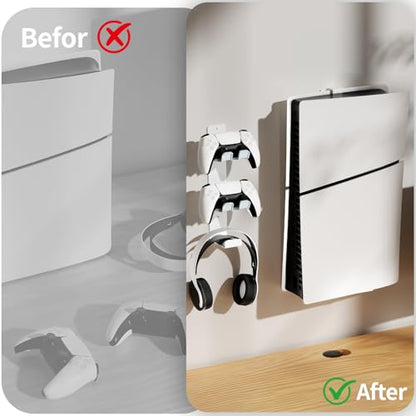 Wall Mount for PS5/PS5 Slim/PS5 Pro Console-, Sturdy Metal Bracket Compatible with All PlayStation 5 Models(Digital and Disc),+1Controller Headphone Holder, Sturdy and Not Fall Off,White - color: White