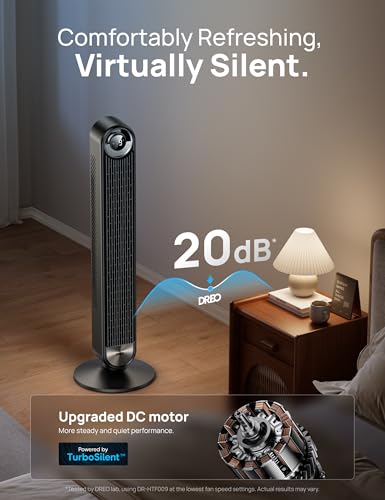 DREO Tower Fan for Bedroom, Upgraded DC 28ft/s Velocity, 20dB Quiet Fan | 9 Speeds Standing Fan, 90° Oscillating Cooling Fan, 4 Modes, 12H Timer, Bladeless Fan Powerful for Home, Black - color: Black