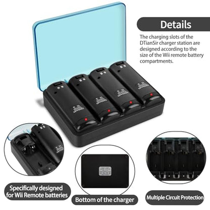 Wii Remote Battery Charger,4 in 1 Charging Station with 4 Pack 2800mAh Rechargeable Battery,USB Cable for Wii/Wii U Remote Controller (Black) - color: Black