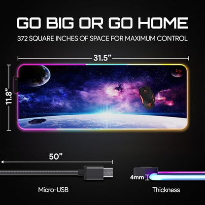 Gerlos RGB Gaming Mouse Pad, Large LED Desk Mat, 31.5 x 11.8 Inch | 12 light modes, non-slip base, water-resistant surface, stitched edges - color: Space