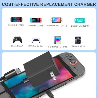 2 Pack Charger for Nintendo Switch,USB-C Fast Wall Charging Block with 6ft Cable,Wall & Travel Charger Adapter for Switch,Steam,ROG Ally