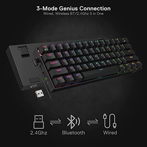 Redragon K530 Pro Draconic 60% Wireless RGB Mechanical Keyboard, BT/2.4Ghz/Wired 3-Mode 61 Keys Compact Gaming Keyboard w/Hot-Swap Socket, Free-Mod Plate Mounted PCB & Linear Red Switch - color: Black, size: Red Switch