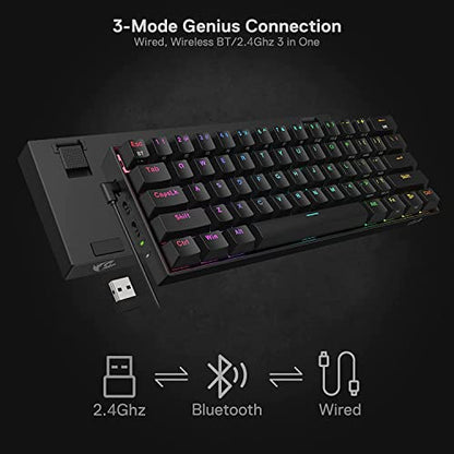 Redragon K530 Pro Draconic 60% Wireless RGB Mechanical Keyboard, BT/2.4Ghz/Wired 3-Mode 61 Keys Compact Gaming Keyboard w/Hot-Swap Socket, Free-Mod Plate Mounted PCB & Linear Red Switch - color: Black, size: Red Switch