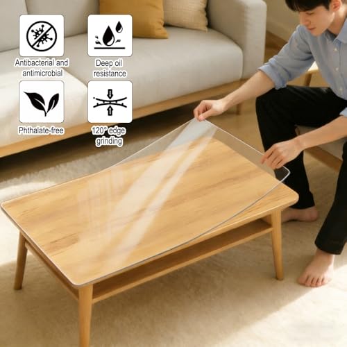 Frosted PVC Soft Glass Desk Pad Protector - Thick Heat Resistant Table Cover, Anti-Scratch Waterproof Rectangular Mat for Office, Durable Tablecloth for Home & Workspace,Transparent version, 1cm thick