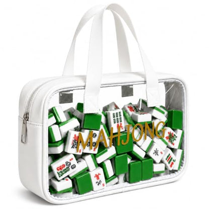 Empty Mahjong Tile Bag American Clear Mahjong Case with Zipper | PVC Mahjong Bag Storage 166 Tiles Waterproof Holder with Handles Letters Printed for Game Days Gift Travel White Case Only - color: White
