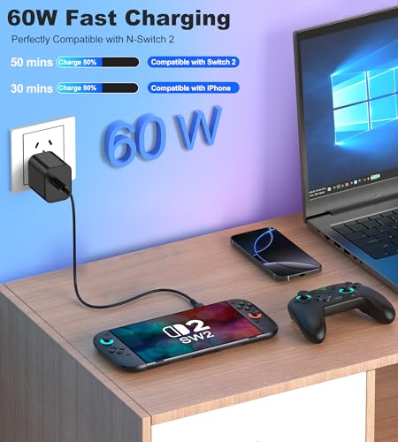 Switch 2 Charger - 60W GaN AC Power Adapter for Nintendo Switch/OLED/Lite & Steam Deck/OLED, USB-C Cable, Original Quality, Supports 4K TV Mode, PD3.0 Fast Charger for PS4 Adapter, Galaxy - size: 5FT/1.5M