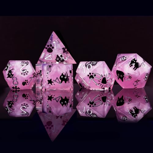 Haxtec Cat DND Dice Set Purple Sharp Edge Resin Dice Set with Dice Case, Handmade D and D Dice Polyhedral D&D Dice Set for TTRPGs Compatible with Dungeons and Dragons DND Gifts - color: Purple Black