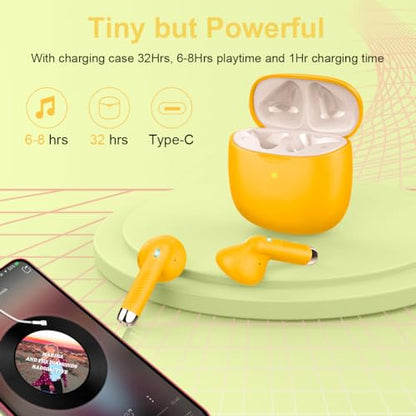Wireless Earbuds, Bluetooth 5.4 Headphones in Ear with Noise Cancelling Mic, Bluetooth Earbuds Stereo Bass, IP7 Waterproof Sports Earphones, 32H Playtime USB C Charging Ear Buds Yellow for Android iOS - color: butter yellow