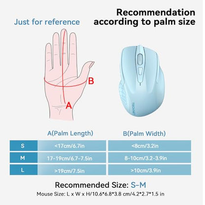 TECKNET Wireless Mouse, BT 5.0/2.4G, Silent 4800 DPI 6 Buttons, Lightblue | Bluetooth 5.0/3.0 & USB A, 2-Device Easy Switch, Wide OS Compatible, 6-DPI, Ergonomic for S/M Hands, Extended Battery - color: Lightblue