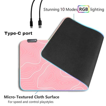 Pink RGB Mouse Pad LED Desk Mat Large Gaming Mousepad Pink and White Line Design, Keyboard Pad XL Mouse Mat for Home and Office - color: Pink With White Topographic Line