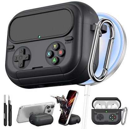 Getino Retro Game Case for AirPods Pro 3 | Game Console Design Protective Cover with Foldable Stand, Secure Lock Anti-Drop Shockproof PC+TPU Case, Keychain & Cleaning Kit for Men & Boys, Black - color: Black
