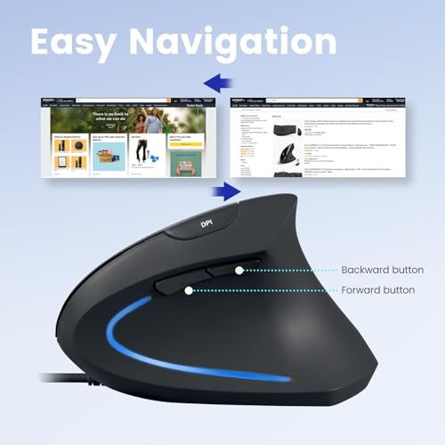 Perixx PERIMICE-513C Wired Vertical USB-C Mouse, 6 Buttons, Adjustable 1000/1600 DPI, Right-Handed, 5.9ft Cable, Black - style: USB Type-C