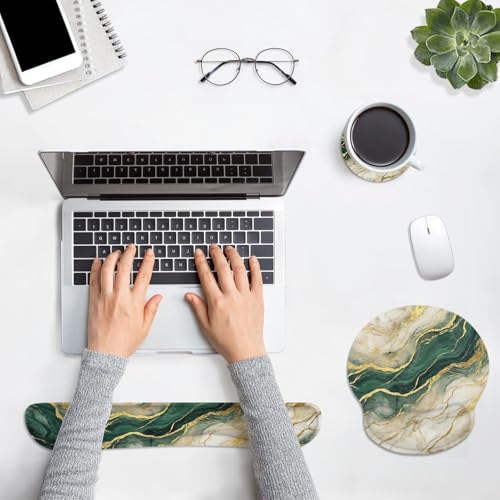 Ergonomic Mouse Pad Set with Wrist Rest, Gold Green Marble | Abstract Non-Slip Rubber Base Wrist Cushion Support and Coasters Mousepad with Wrist Support for Computer Keyboard - color: Gold Green Marble