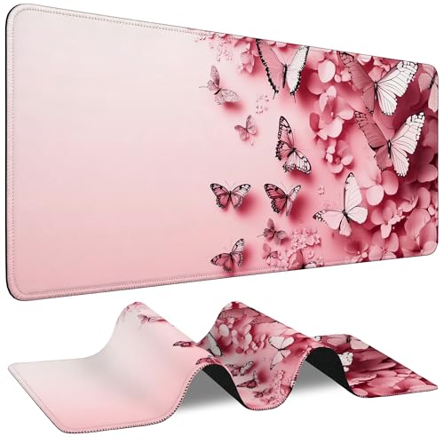 Mouse Pad for Gaming Pink Butterfly and Flower Big Gaming Mousepad Large Extended Mouse Mat Non-Slip Rubber Base Desk Pad with Stitched Edges for Office Gamer Home 35.4"X 15.7" - color: Geometric Neon Lights