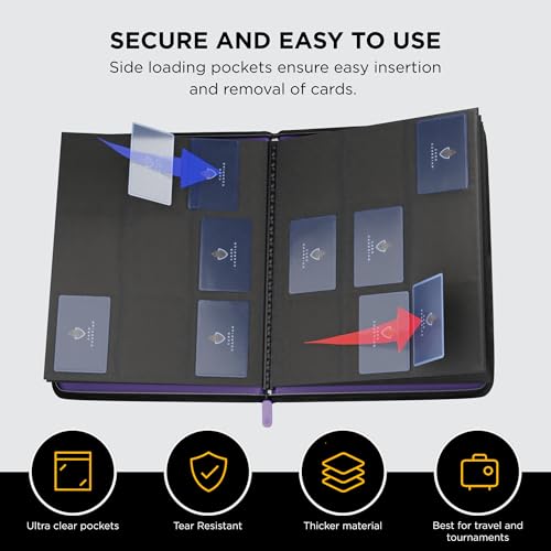 Card Guardian - 9 Pocket Premium Black Binder with Zipper for 360 Cards - Side Loading Pockets for Trading Card Games TCG (Purple) | Holds 360 Cards, Side Loading, For TCG & Football, Premium Card Collection - color: Purple