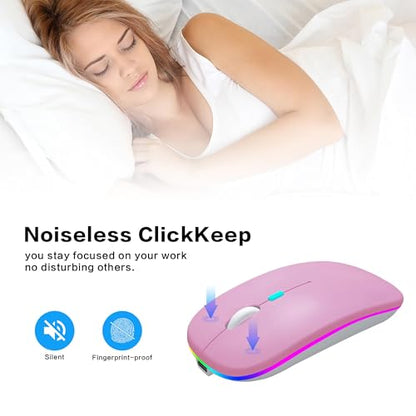 AIKOKOK Wireless Bluetooth Mouse, Rechargeable, Dual Mode Bluetooth 5.2 & 2.4G USB, LED Lights, Slim, Silent, Portable Computer Mouse for Laptop, PC, MacBook, iPad, Tablet (Rose Gold) | BT 5.2 & 2.4G USB Receiver, 3 Adjustable DPI,LED Lights,Slim,Silent,P