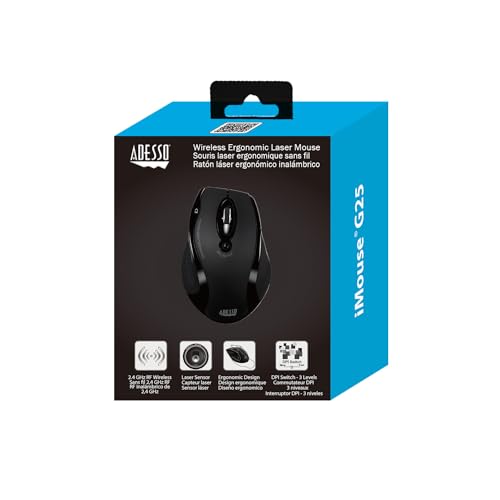 Adesso iMouse G25 Wireless Ergonomic Mouse with 3 Levels Adjustable DPI 800 1200 1600 2 Internet Navigation Buttons 2.4 GHz RF Black Right Hand Right Handed Mouse for Office Desktop PC Laptop