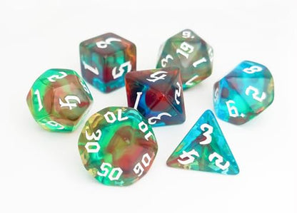 DND 주사위 7개 세트 클리어 그린 혼합 색상 (오로라) | D&D, CoC, RPG, 던전 앤 드래곤, MTG, 롤플레잉 게임 액세서리 - D20 시스템 게임용 아크릴 다면체 주사위 세트 - color: 블루 & 그린 오로라