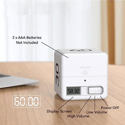 Cube Timer, Gravity Sensor Flip Timer for Study, Work, Game, Task, Kitchen, Kids, ADHD, Productivity, Workout (White 15-20-30-60)
