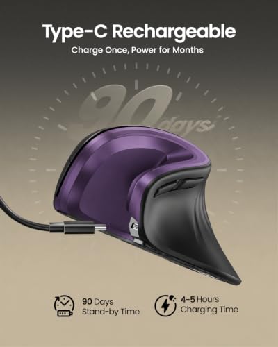 ProtoArc EM11 NL Wireless Ergonomic Mouse, Rechargeable, Black Purple | 58° vertical design supports a natural wrist posture, connect 3 devices via Bluetooth/2.4G USB-A, 500mAh USB-C rechargeable. - color: Black Purple