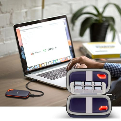 Comecase Dual SSD Case for SanDisk Extreme Portable SSD and Extreme PRO | Holds 2 Drives & 12 SD Cards, Elastic Strap Fit 500GB/1TB/2TB/4TB/8TB, Cable Groove & Carabiner for Travel,Dark Blue,Box Only - color: Dark Blue