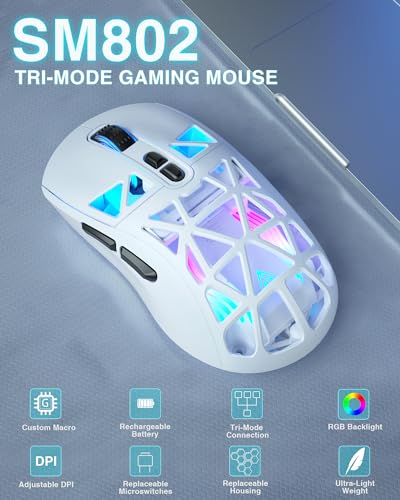 SOLAKAKA SM802 White Wireless Gaming Mouse,10000 DPI,Tri-Mode Wired/BT 5.0/2.4GHz Wireless Mouse Gaming with Side Button,RGB Programmable Macro Mouse for Laptop - color: 1-white, size: SM802