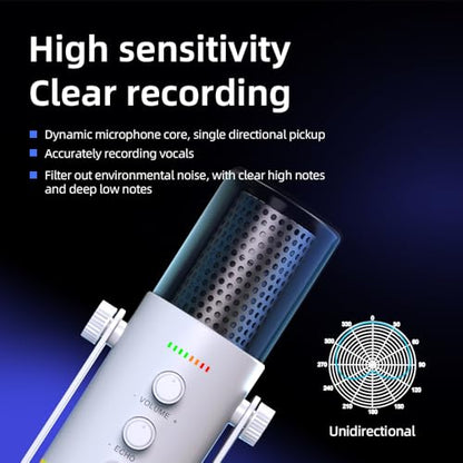 USB/XLR Desktop Dynamic Microphone with RGB Lighting, Noise Reduction, Mute Button & Headphone Jack - Podcast, Gaming, Streaming Mic for PC & Computer (White) - color: White