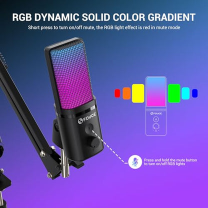 Gaming USB Microphone, RGB Condenser mic with Mute, Gain, Monitoring, Boom Arm for Streaming, Podcast, Twitch, YouTube, PC, Computer, PS5, (M160+) - style: Mic with Boom Arm