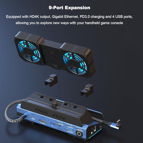 Zunate 9 in1 USB C Docking Station with Dual Cooling Fans, 4K 60Hz HDMI, 100W PD, Gigabit Ethernet, 6 USB Ports, Foldable Stand for Handheld Consoles
