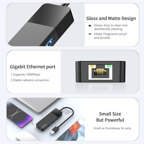 ALL-LUCKY USB Hub with Ethernet Adapter, 4-in-1 USB 3.0 Gigabit Network Hub (1000Mbps, 3×USB 3.0 + RJ45), Plug and Play for Laptop/PC/MacBook/Surface Pro/Dell XPS/HP, Windows/Mac OS/Chrome OS - size: 0.95FT -4 in 1 USB A to Ethernet Adapte