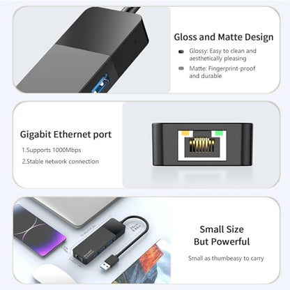 ALL-LUCKY USB Hub with Ethernet Adapter, 4-in-1 USB 3.0 Gigabit Network Hub (1000Mbps, 3×USB 3.0 + RJ45), Plug and Play for Laptop/PC/MacBook/Surface Pro/Dell XPS/HP, Windows/Mac OS/Chrome OS - size: 0.95FT -4 in 1 USB A to Ethernet Adapte